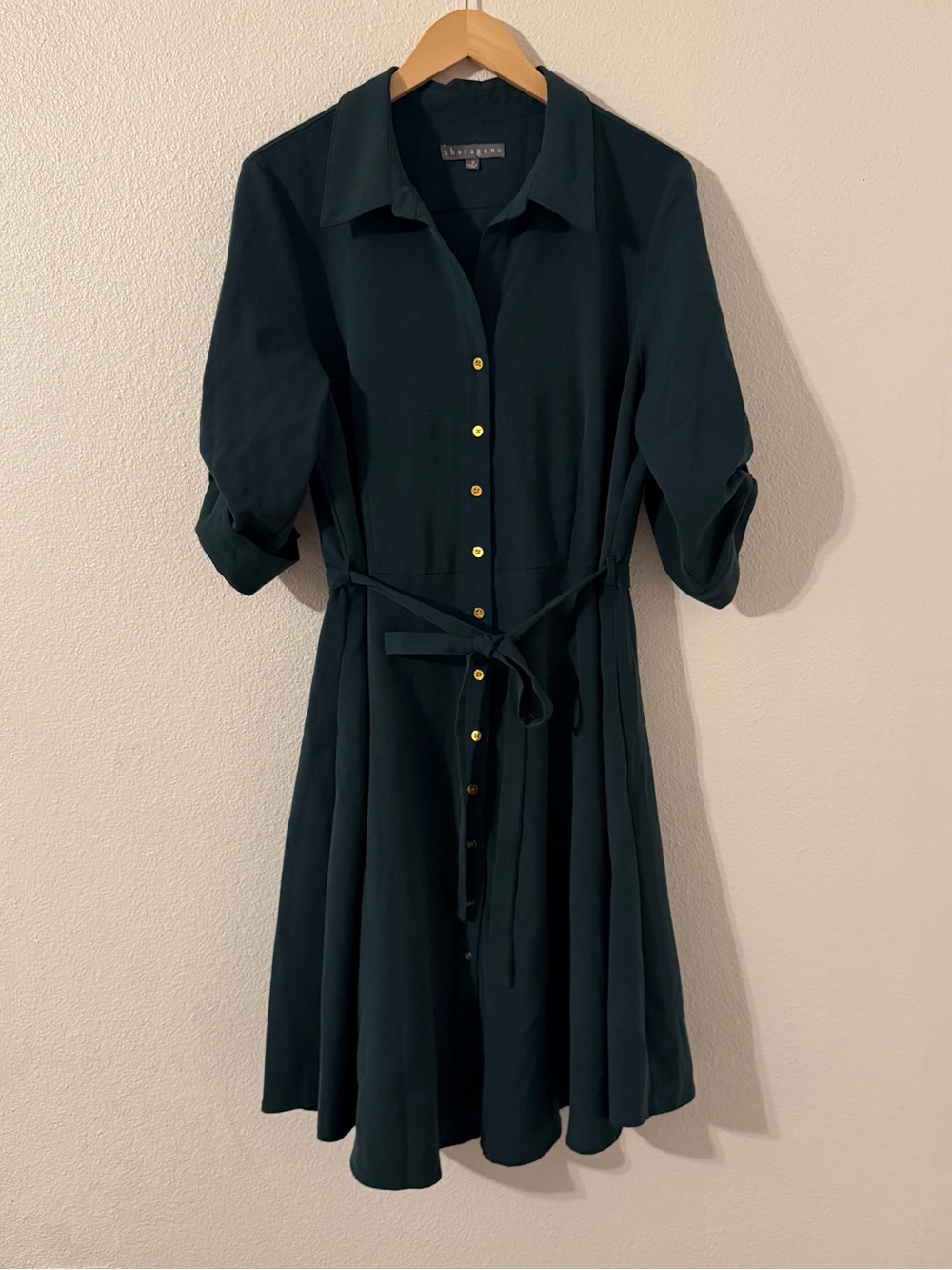 Sharagano Shirt Dress Size 16 Forest Green Button Front Puff Sleeve Belted Midi